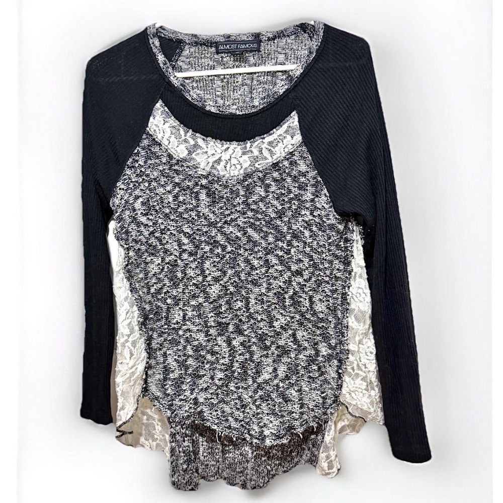 Almost Famous Long Sleeve Shirt size M Black White Lace Pullover Casual